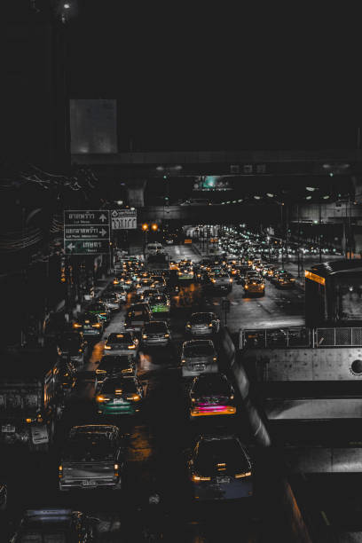 istock The light from the car stuck on the road at night 1184184874