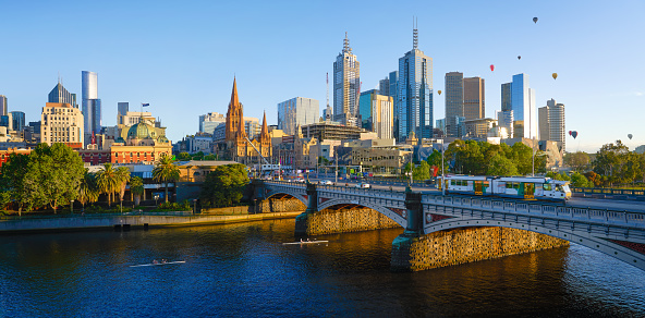 Panorama view of beautiful Melbourne cityscape skyline at sunrise in Australia .
