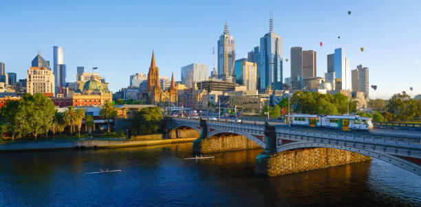 Panorama view of beautiful Melbourne cityscape skyline Panorama view of beautiful Melbourne cityscape skyline at sunrise in Australia . cable car photos stock pictures, royalty-free photos & images