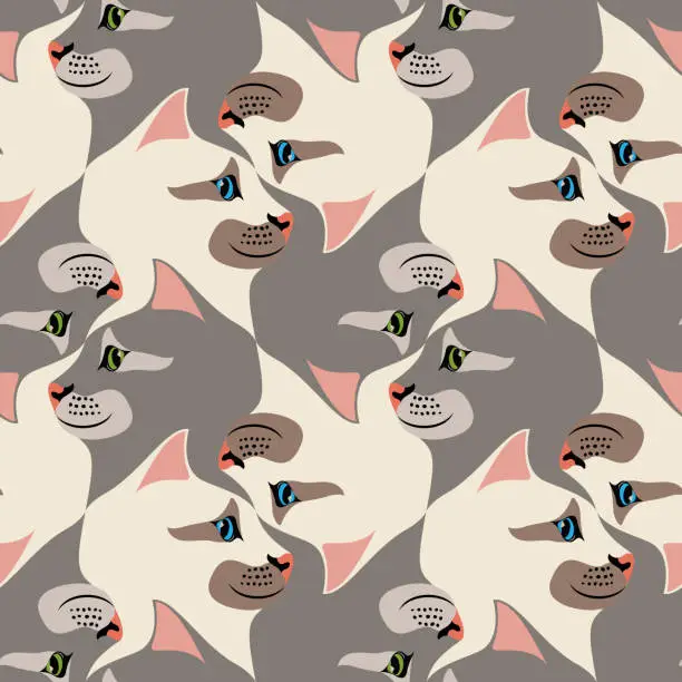 Vector illustration of Cat head seamless pattern, Escher style, tessellation.