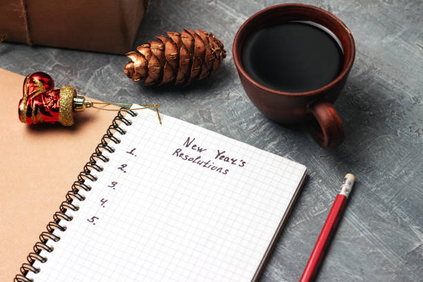 istock New Year's resolution, text on the paper in notepad, promises concept, pencil, coffee cup, decorations 1184188295