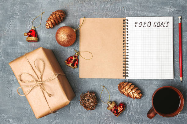 istock 2020 goals, text on the paper in notepad, New Year promises concept, gift box, coffee cup, decorations, top view 1184188475