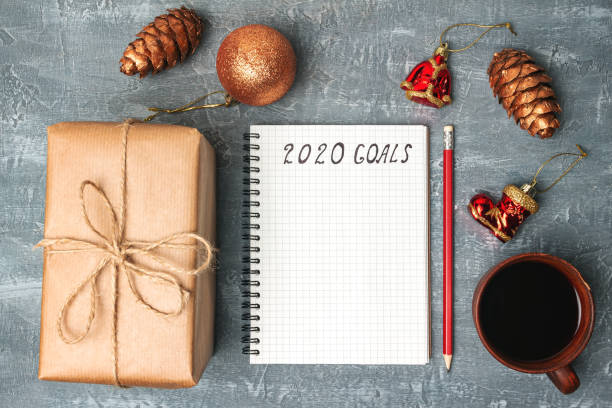 istock 2020 goals, text on the paper in notepad, New Year promises concept, gift box, coffee cup, decorations, top view 1184188476