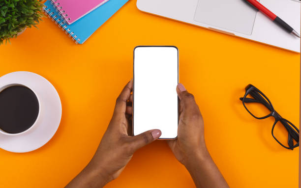 istock Female holding smartphone with blank screen using job serching app 1184188602