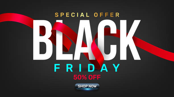 illustrazioni stock, clip art, cartoni animati e icone di tendenza di poster promozionale vendita black friday o banner con concetto di nastro rosso. offerta speciale 50% di sconto sulla vendita in stile colore nero. modello di promozione e shopping per il black friday.illustrazione vettoriale eps 10 - holiday banner backgrounds christmas paper