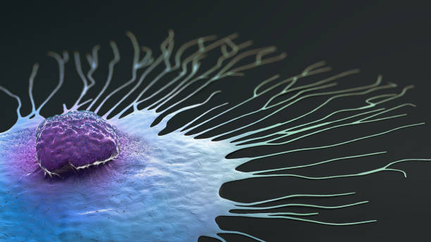 wissenschaftliche illustration einer wandernden brustkrebszelle - 3d-illustration - dna fotos stock-fotos und bilder
