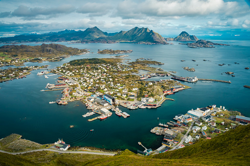 Scenic view from Ballstadheia over the city of Ballstad and the harbor at Lofoten Islands, Norway,  in autmun