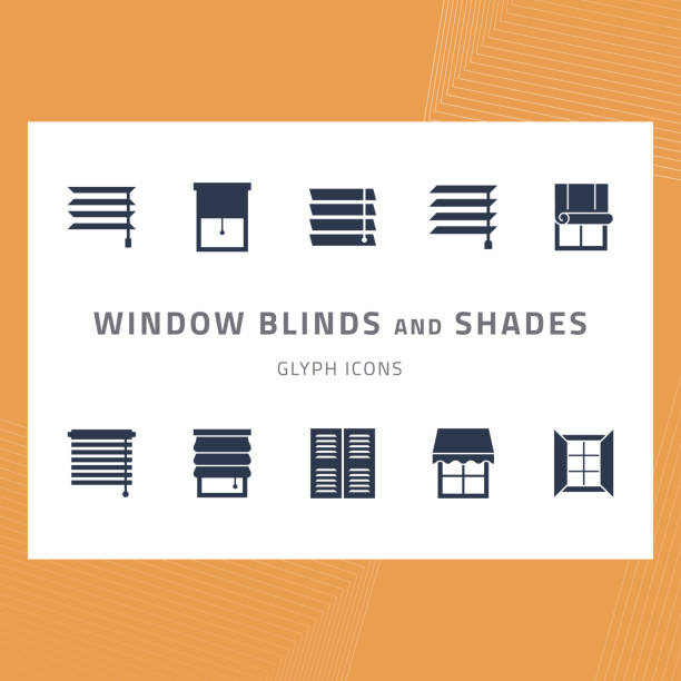 Vector glyph icons set window blinds and shades Vector glyph isolated icons set window blinds and shades. Window treatments and curtains glyph icons set. Interior design silhouette signs for house decor shop. Interior design, home decor shop. Blinds stock illustrations