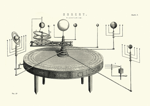 Vintage engraving of a Orrery, Planetarium, mechanical model of the Solar System, 19th Century. An orrery is a mechanical model of the Solar System that illustrates or predicts the relative positions and motions of the planets and moons, usually according to the heliocentric model.