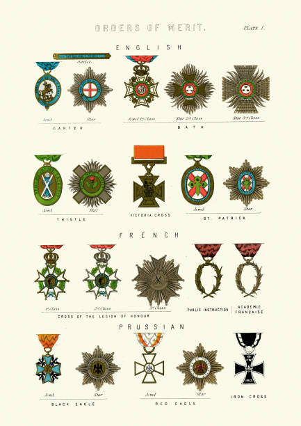 Victorian medals, Orders of Merit, 19th Century Vintage engraving of Victorian medals, Orders of Merit, 19th Century. English, French and Prussian iron cross stock illustrations