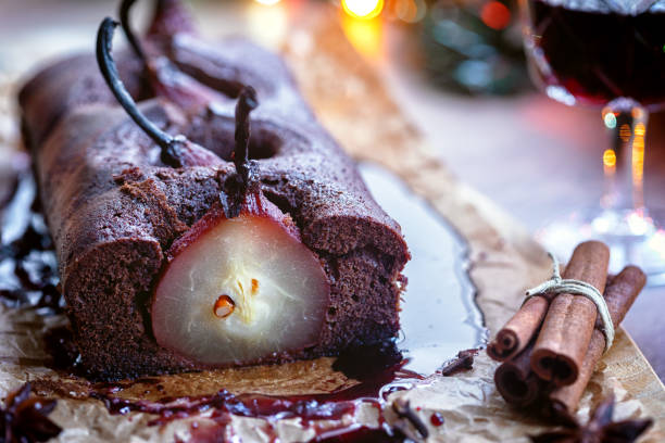 istock Pear chocolate cake with mulled wine glaze 1184200398