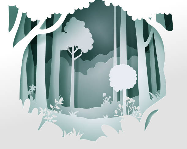 ilustraciones, imágenes clip art, dibujos animados e iconos de stock de paisaje vectorial con bosque nuboso profundo. - cut up illustrations