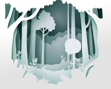 Vector landscape with deep foggy forest. Background of landscape paper cut style, eps 10 vector.