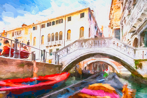 This is a close-up image of the front of a gondola on a narrow canal in Venice, Italy. Heavily post processed to give a painterly effect.