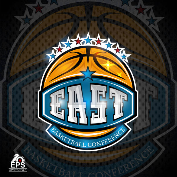 istock Basketball ball with text east conference on blue banner. Vector sport label for competition 1184201634