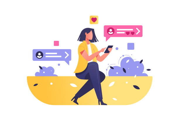 ilustrações, clipart, desenhos animados e ícones de internet de navegação da menina no smartphone moderno - woman cellphone