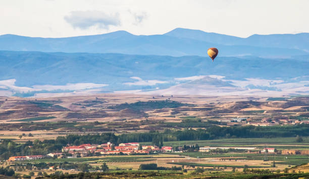 hot air balloon at rioja wine region - grass area field air sky imagens e fotografias de stock