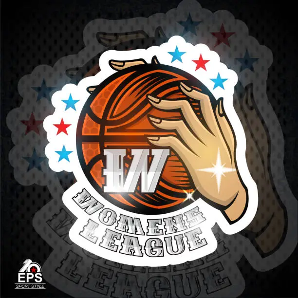 Vector illustration of Two lady hands hold basketball ball with letter W. Sport label for any woman team or competition