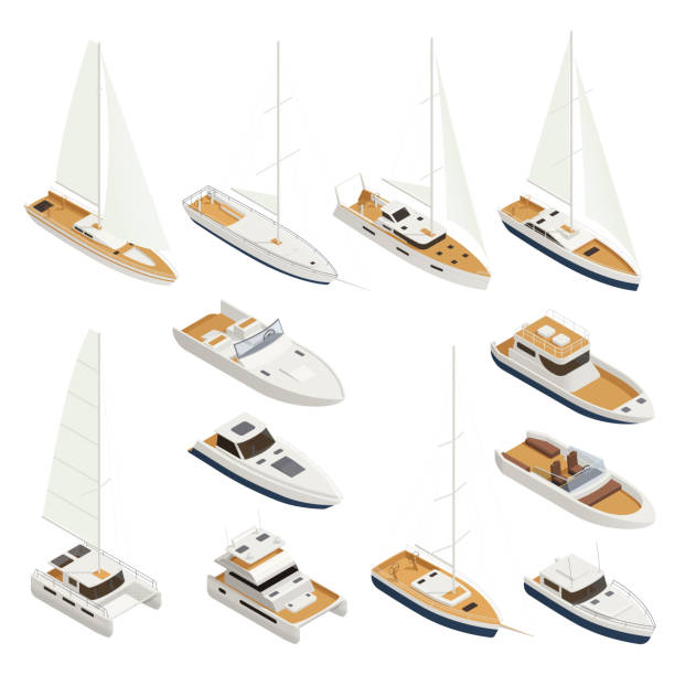 illustrazioni stock, clip art, cartoni animati e icone di tendenza di set di icone isometriche yachting - sailboat sail sailing symbol