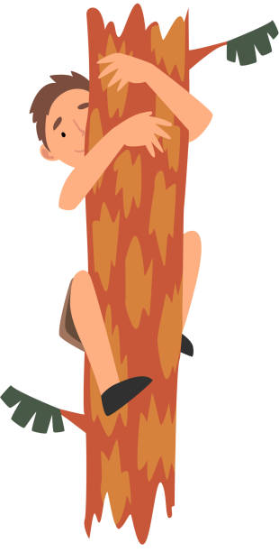 Cute Cheerful Boy Climbing On A Tree Vector Illustration Stock