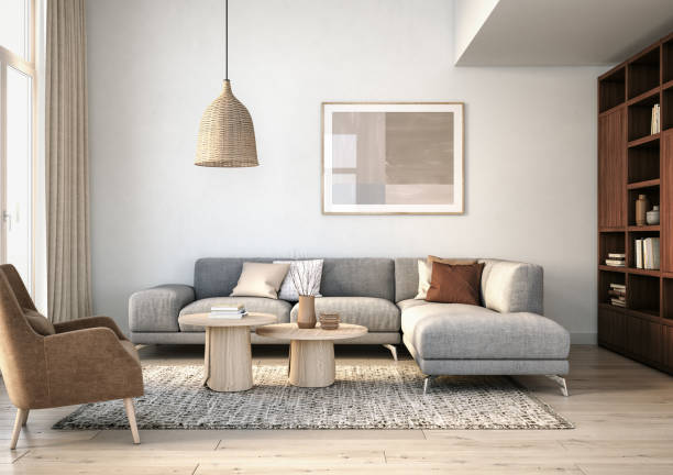 Modern scandinavian living room interior - 3d render Scandinavian interior design living room 3d render with gray and beige colored furniture and wooden elements inside of stock pictures, royalty-free photos & images