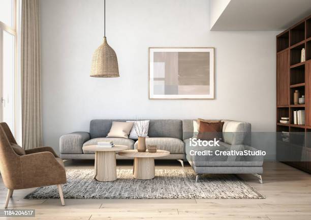 Modern Scandinavian Living Room Interior 3d Render Stock Photo - Download Image Now