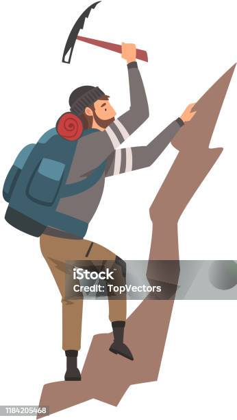 Man Climbing On Rock Mountain With Equipment Vector Illustration Stock Illustration - Download Image Now
