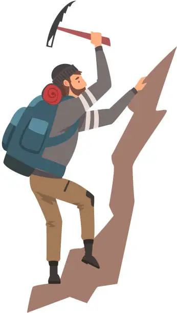 Vector illustration of Man Climbing on Rock Mountain with Equipment Vector Illustration