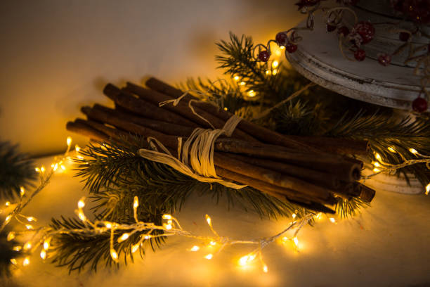 Christmas toys, garlands and interior elements in lights, home decoration for the holiday.