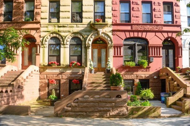 In New York City, USA a staircases lead to the entrances of residential buildings in Bushwick Brooklyn.