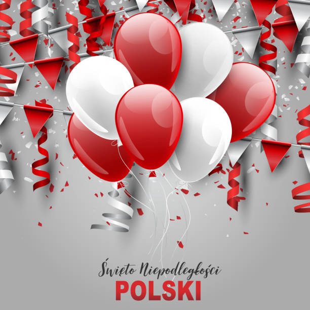 istock Poland Independence Day 11 November. Holiday celebration banner, poster or flyer. Decoration graphics with balloons, garland bunting and falling ringlets and confetti in red and white national fl 1184207745