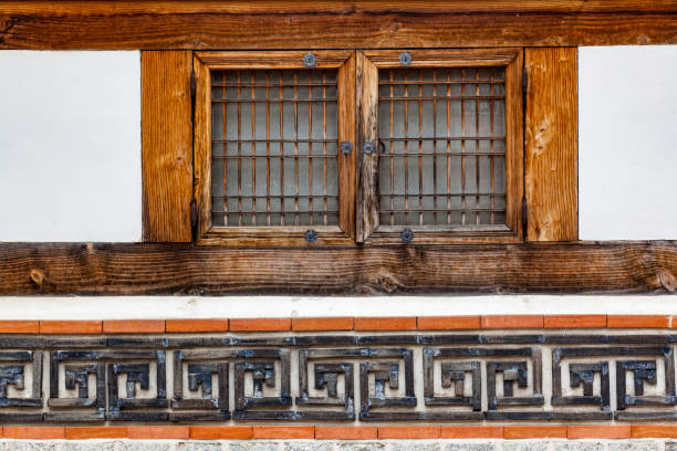 Traditional Window and Brick Ornament, Bukchon Hanok Village, Seoul, South Korea stock photo