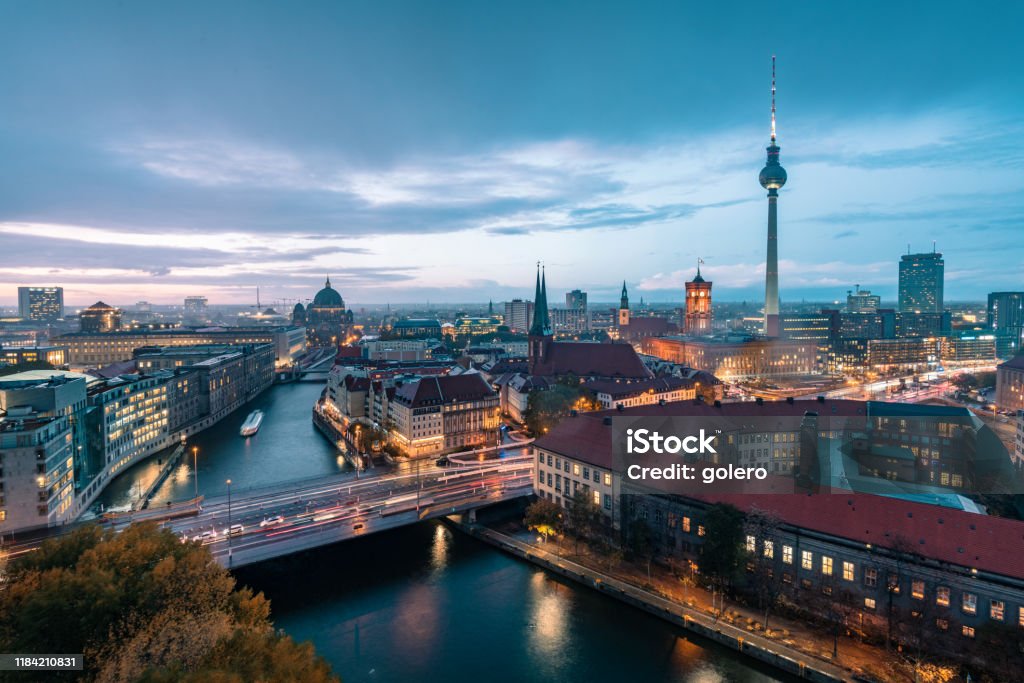 blue hour over Berlin cityscape view over berlin with tv-tower and cathedral at blue hour Berlin Stock Photo