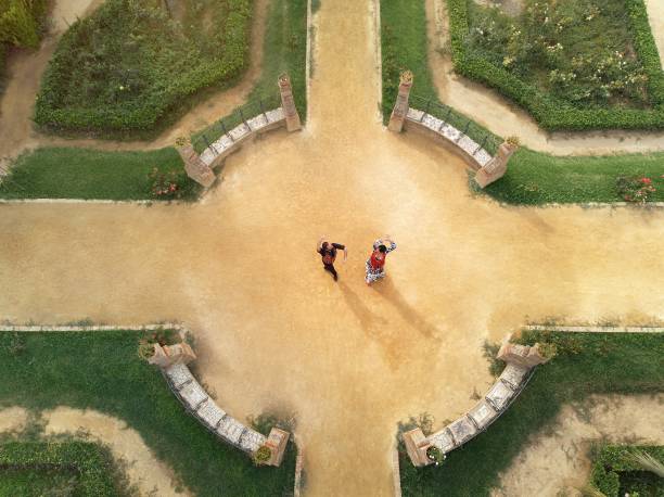 man and woman dancing flamenco in traditional clothes - men sensuality photography high angle view imagens e fotografias de stock