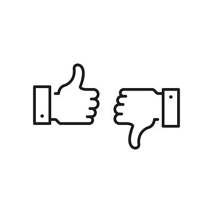 Like icon and dislike. Thumbs up and thumbs down. Black color. Modern feedback concept. Linear stroke style. Simple stroke outline thin line design. Vector icons set