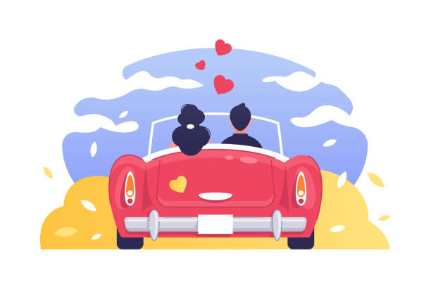 stockillustraties, clipart, cartoons en iconen met liefde voor man en vrouw romantisch reizen met de auto - wedding back
