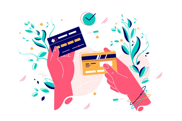 Credit cards in female hands Credit cards in female hands vector illustration. Person holding plastic cash symbol flat style design. Online shopping, services and e-payments concept atm illustrations stock illustrations