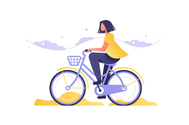 ilustraciones, imágenes clip art, dibujos animados e iconos de stock de chica en bicicleta yendo por carretera - young women people actions concepts and ideas