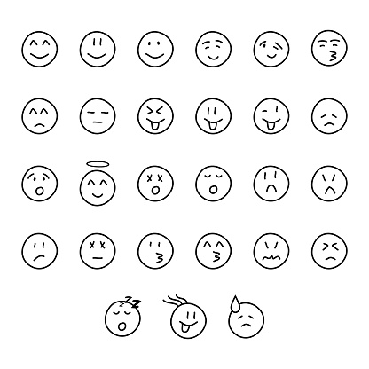 Hand drawn cartoon faces and emoticons with various facial expressions and emotions.