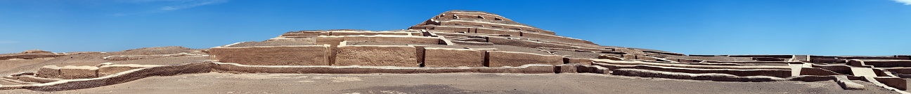 Nazca pyramid at Cahuachi archeological site in the Nazca desert of Peru Panoramic view