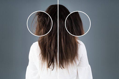 Woman's Hair Before And After Hair Straightening On Grey Background