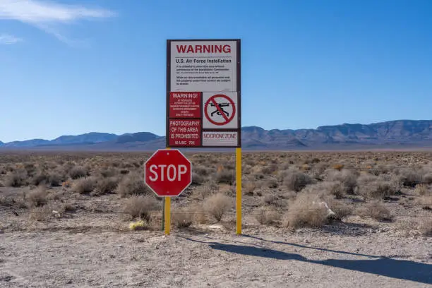 Hiko, Nevada - October 21, 2019: Replica of the U.S. Air Force Installation signs that surround area 51. These replicas are at the Alien Research Center on Nevada State Rt. 375.