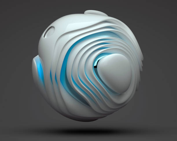istock 3d render of abstract 3d ball based on organic curved wavy forms in white glossy plastic with blue color parts on dark grey background 1184218336