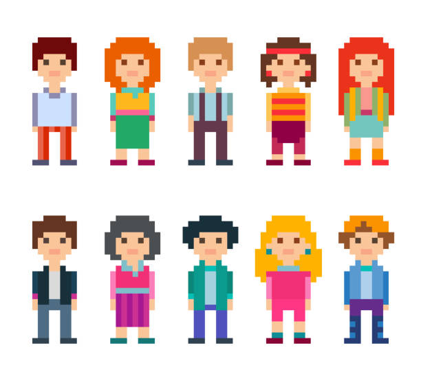 красочный набор пиксельных символов стиля искусства - pixelated people retro revival video game stock illustrations
