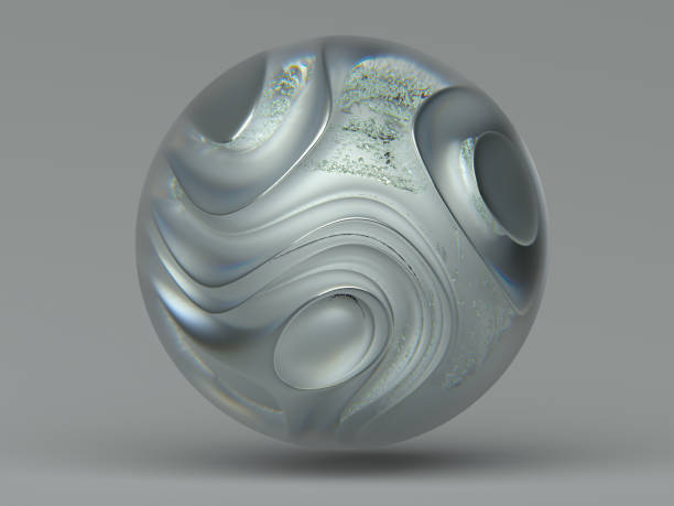 istock 3D render of abstract 3d glass ball with object inside in organic curve round wavy smooth and soft bio forms in matte aluminum metal material on grey background 1184219335
