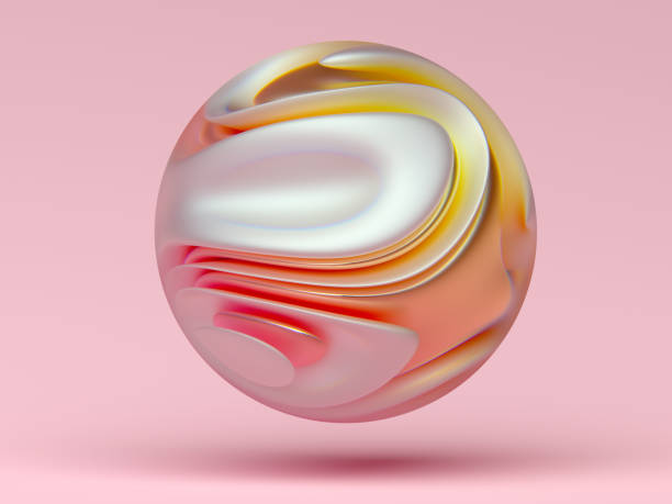 istock 3d render of abstract 3d glass ball with object inside in organic curve round wavy smooth and soft bio forms in matte white aluminum metal material with glossy parts in yellow and orange color on light pink background 1184219345
