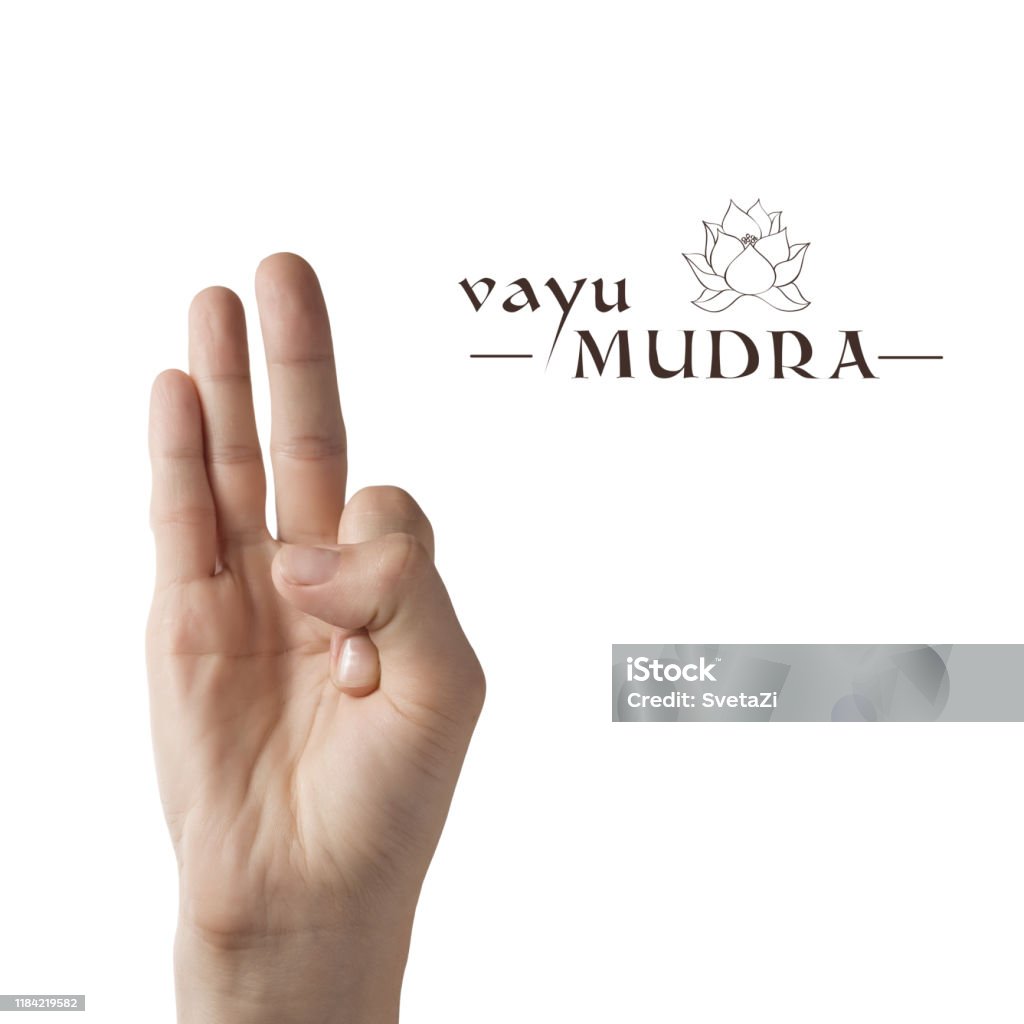 Vayu mudra. Vayu mudra. Yogic hand gesture on white isolated background. Mudra Stock Photo