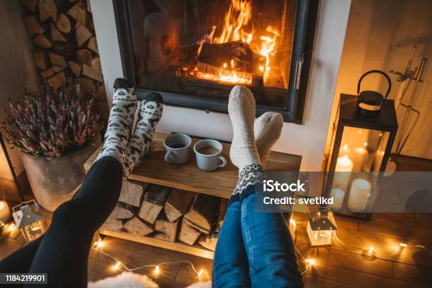 Winter Day By Fireplace Stock Photo - Download Image Now - Winter, Vacations, Fireplace