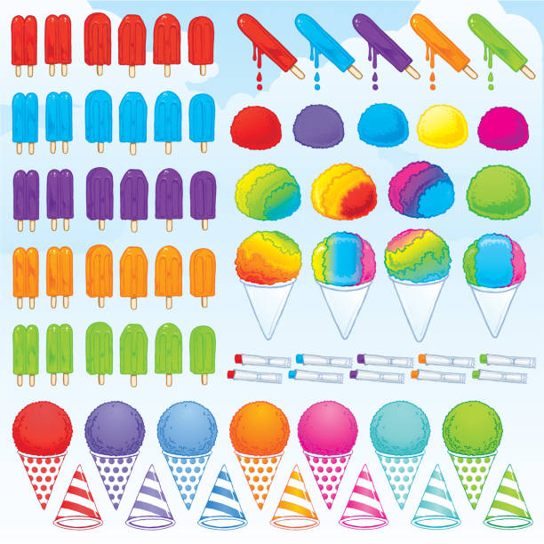 Frozen Treats Seventy-two snowcone, popsicle, and freezer pop art elements. snow cone stock illustrations