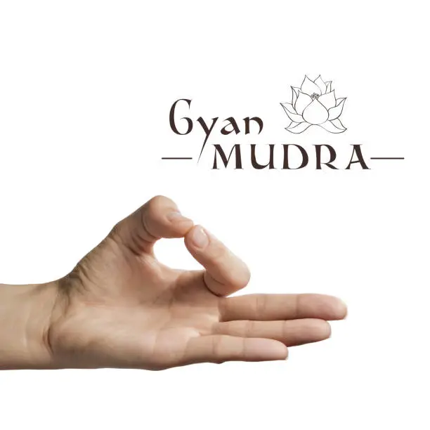 Gyan mudra. Yogic hand gesture on white isolated background.